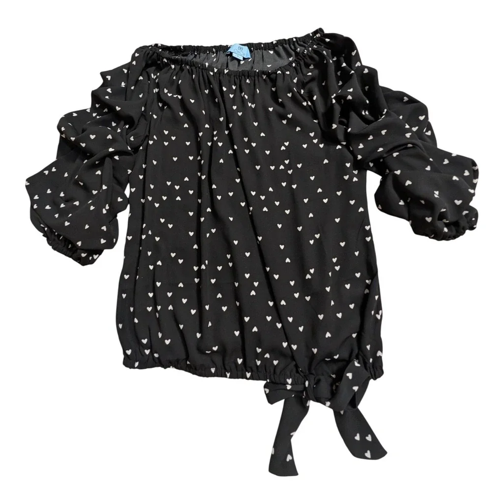 CeCe Women's M Black Heart Print Off Shoulder Ruffle Sleeve Blouse
